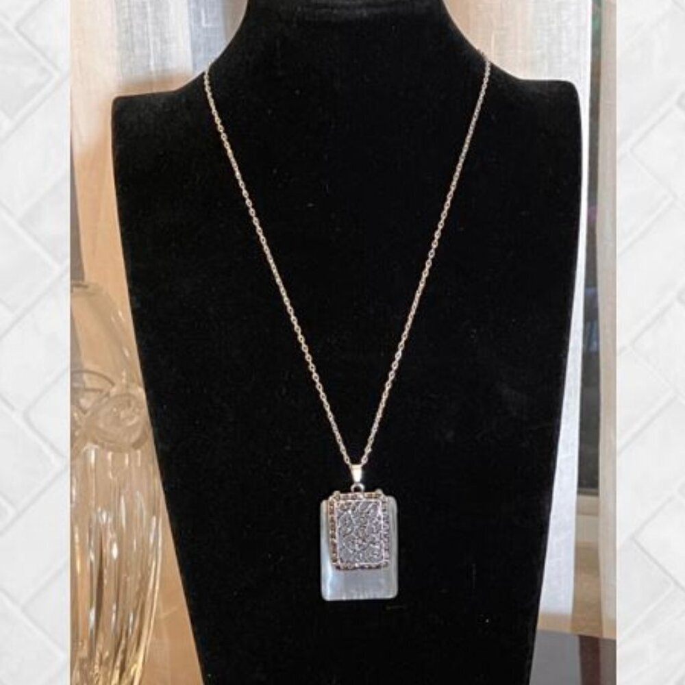 Handcrafted Silver Frosted Glass & Filigree Necklace with 18"-20" Cable Chain